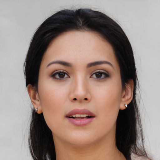 Neutral asian young-adult female with long  black hair and brown eyes