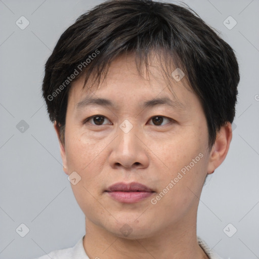 Joyful asian adult male with short  brown hair and brown eyes