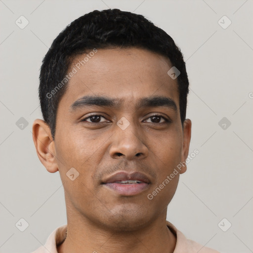 Neutral latino young-adult male with short  black hair and brown eyes