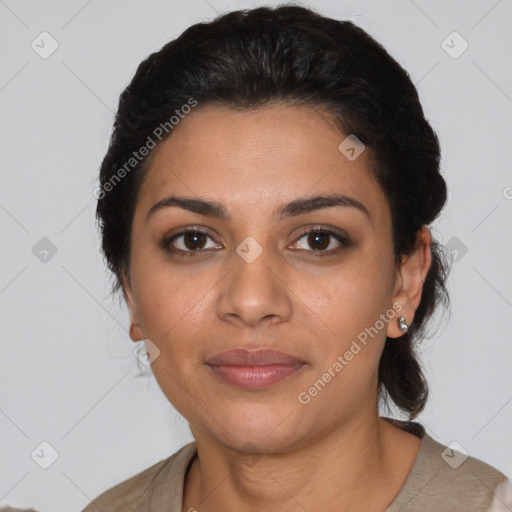 Joyful latino young-adult female with medium  black hair and brown eyes