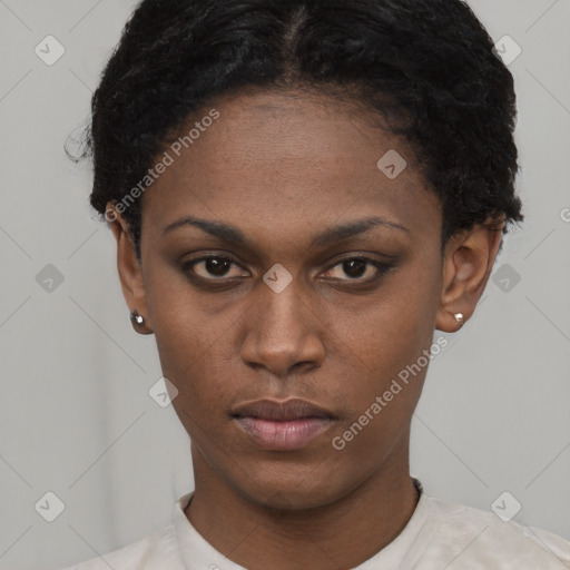 Neutral latino young-adult female with short  black hair and brown eyes