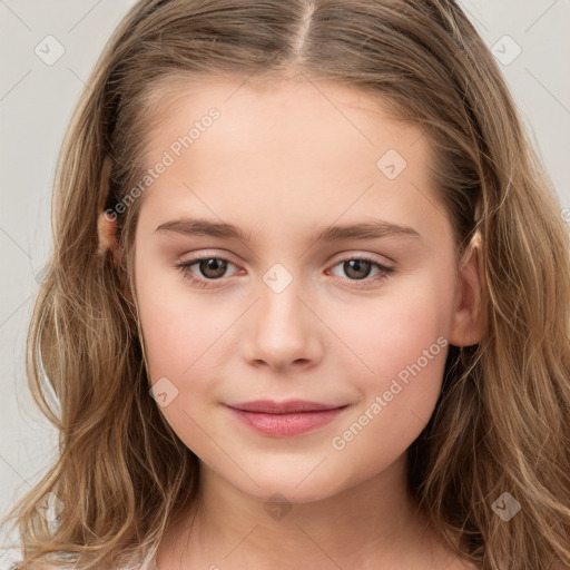 Joyful white child female with long  brown hair and brown eyes