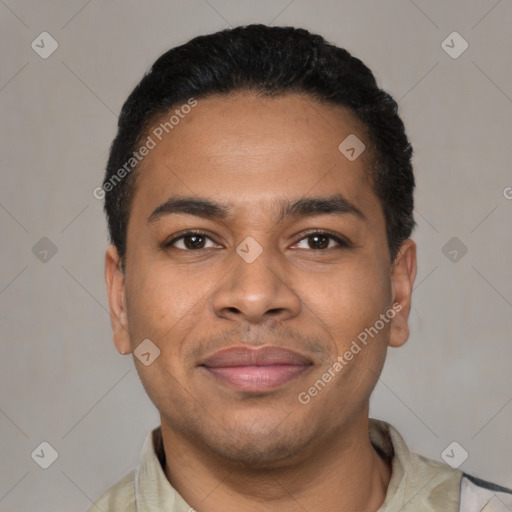 Joyful latino young-adult male with short  black hair and brown eyes