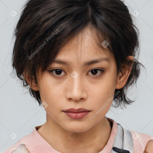 Neutral asian young-adult female with medium  brown hair and brown eyes