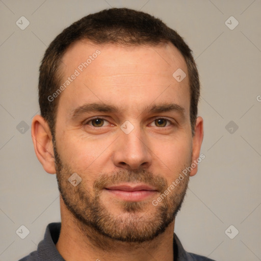 Neutral white young-adult male with short  brown hair and brown eyes