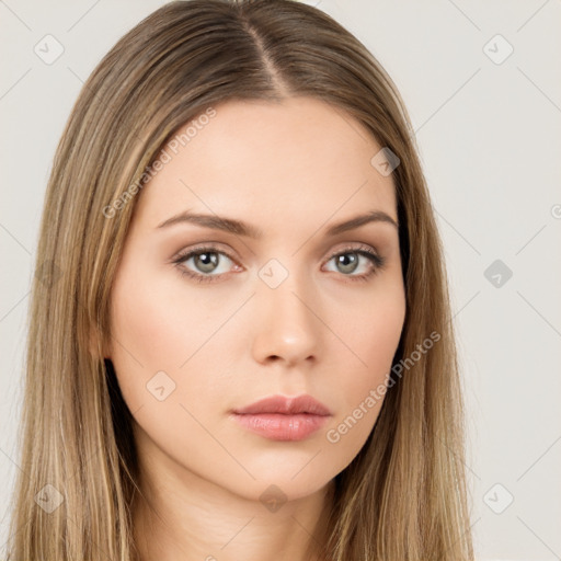 Neutral white young-adult female with long  brown hair and brown eyes