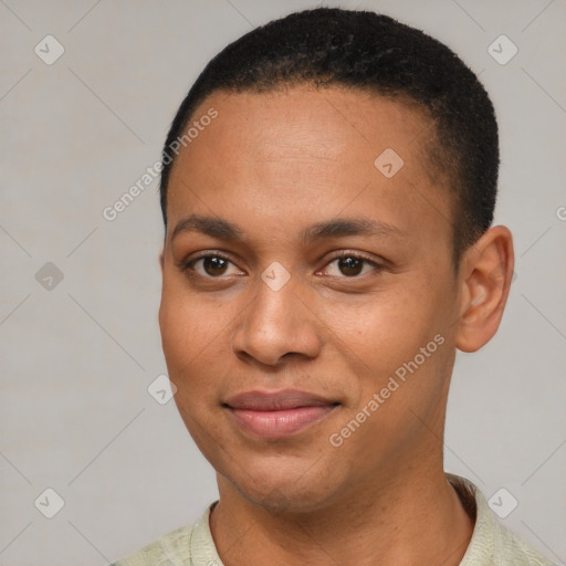 Joyful latino young-adult male with short  brown hair and brown eyes