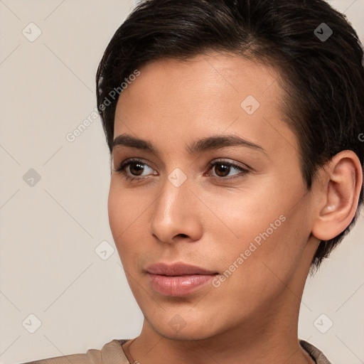 Joyful white young-adult female with short  brown hair and brown eyes