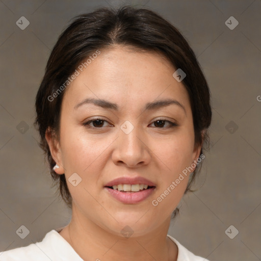 Joyful white young-adult female with medium  brown hair and brown eyes