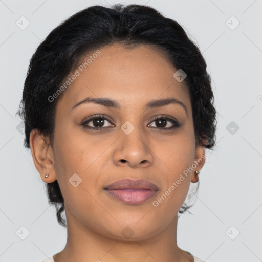 Joyful latino young-adult female with short  brown hair and brown eyes