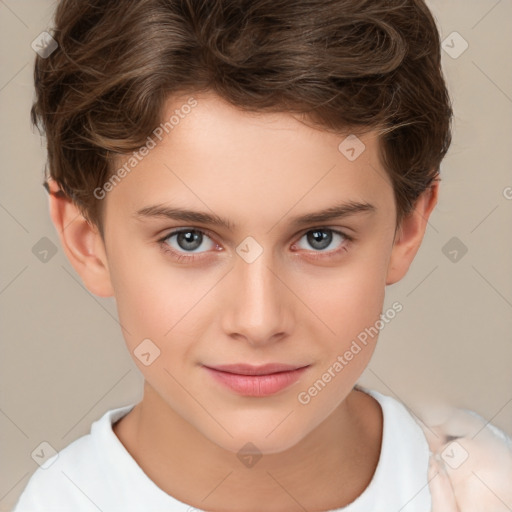 Joyful white child female with short  brown hair and brown eyes