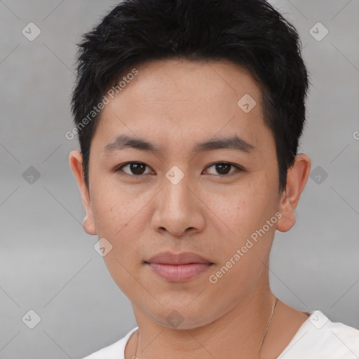 Neutral asian young-adult male with short  black hair and brown eyes