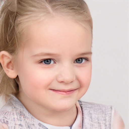 Joyful white child female with medium  blond hair and blue eyes