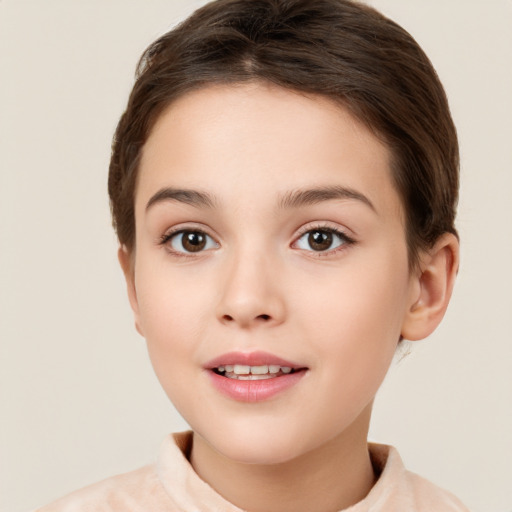 Joyful white child female with short  brown hair and brown eyes