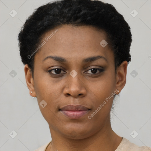 Neutral black young-adult female with short  black hair and brown eyes