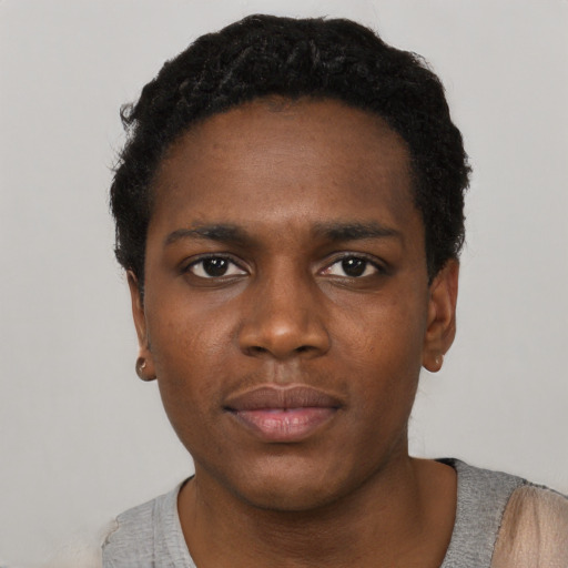Neutral black young-adult male with short  black hair and brown eyes
