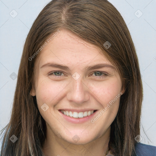 Joyful white young-adult female with long  brown hair and grey eyes