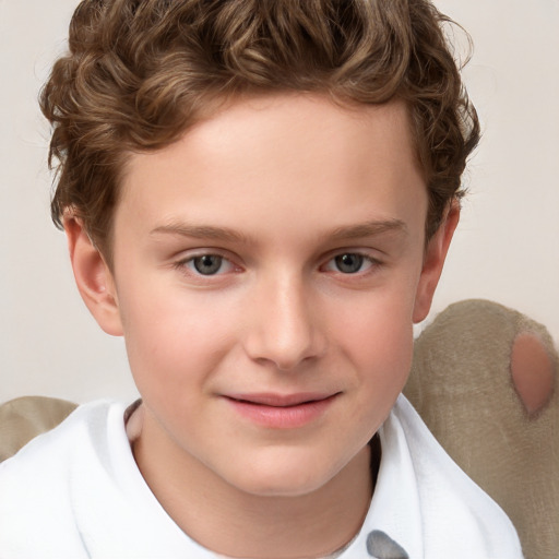 Joyful white child female with short  brown hair and brown eyes