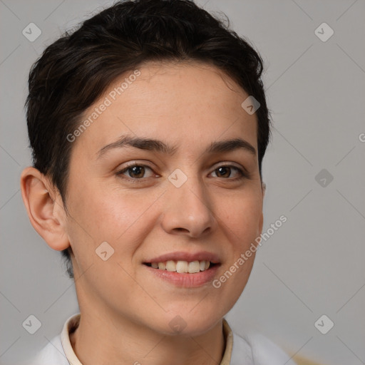 Joyful white young-adult female with short  brown hair and brown eyes