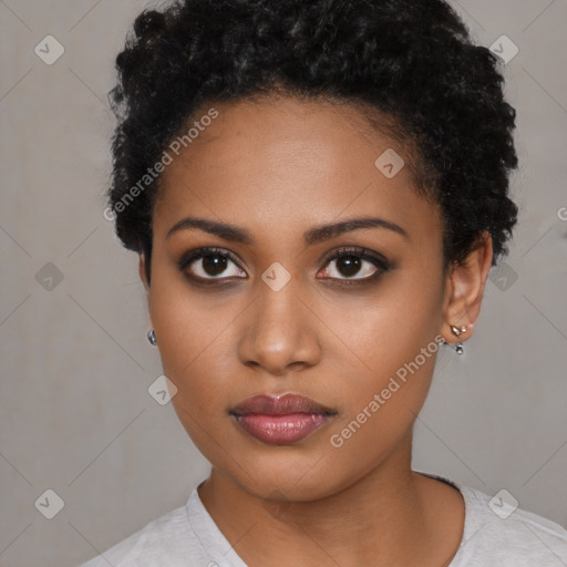 Neutral black young-adult female with short  black hair and brown eyes