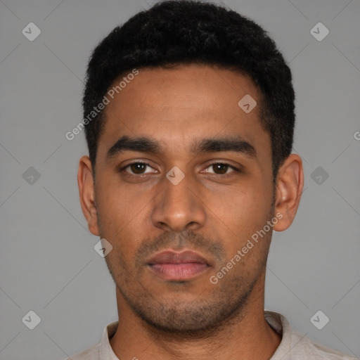 Neutral latino young-adult male with short  black hair and brown eyes