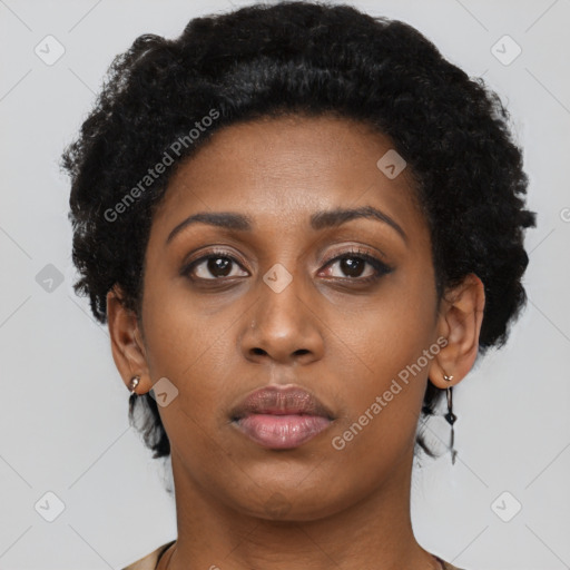 Neutral black young-adult female with short  black hair and brown eyes