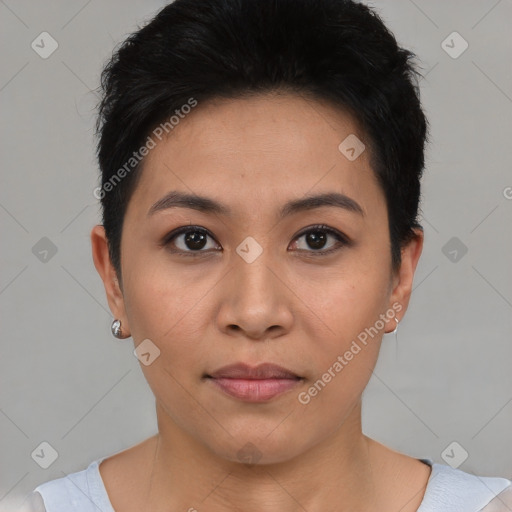 Neutral asian young-adult female with short  black hair and brown eyes