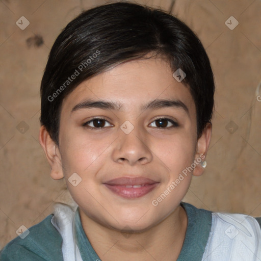 Joyful white child female with short  brown hair and brown eyes