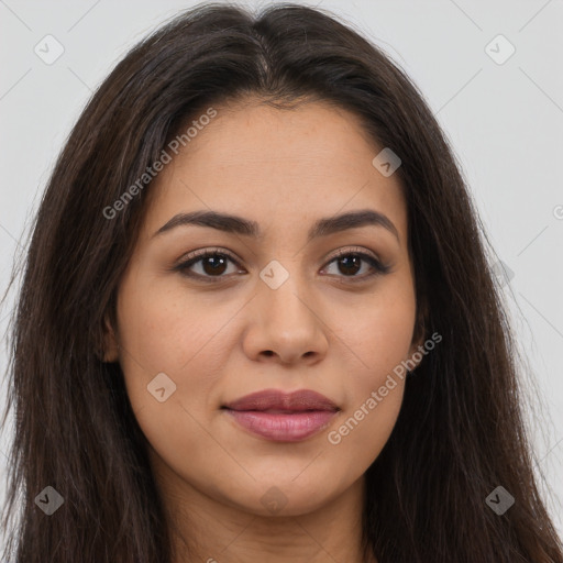 Joyful latino young-adult female with long  brown hair and brown eyes