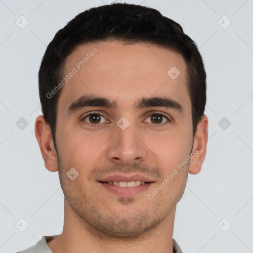 Joyful white young-adult male with short  brown hair and brown eyes