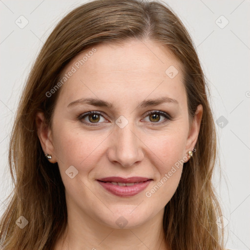 Joyful white young-adult female with long  brown hair and green eyes