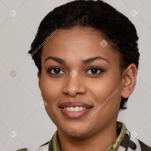 Joyful latino young-adult female with short  brown hair and brown eyes