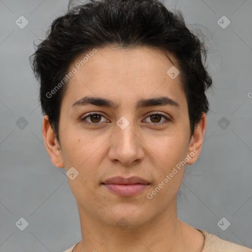 Joyful white young-adult female with short  brown hair and brown eyes