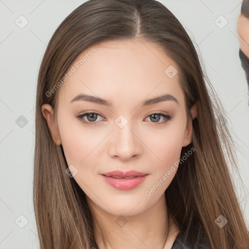 Neutral white young-adult female with long  brown hair and brown eyes