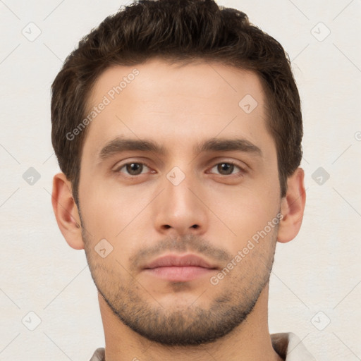 Neutral white young-adult male with short  brown hair and brown eyes