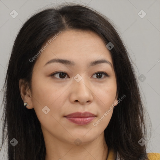 Joyful asian young-adult female with long  brown hair and brown eyes