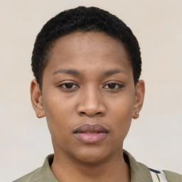 Neutral black young-adult female with short  black hair and brown eyes