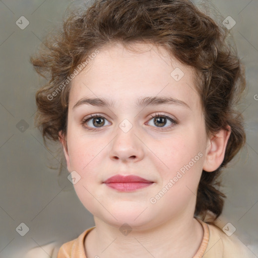 Joyful white child female with medium  brown hair and brown eyes