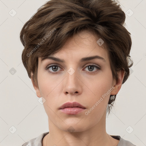 Neutral white young-adult female with short  brown hair and brown eyes