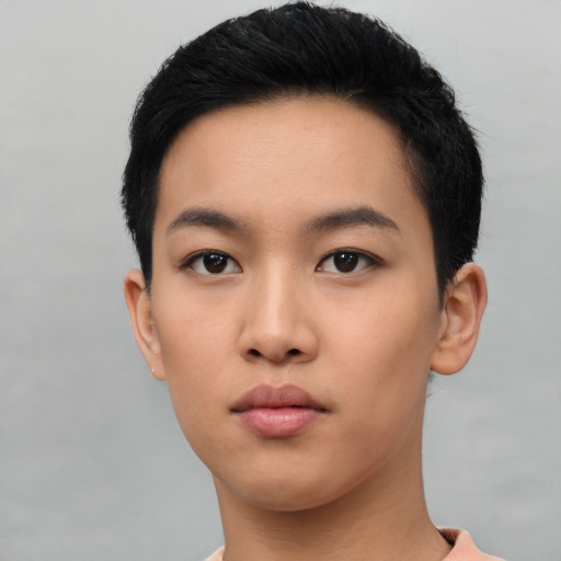Neutral asian young-adult female with short  black hair and brown eyes