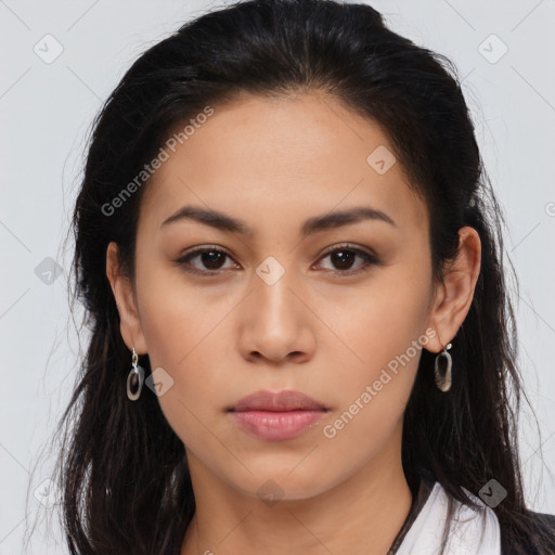 Neutral asian young-adult female with long  brown hair and brown eyes