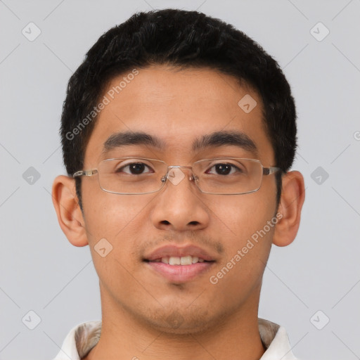 Neutral asian young-adult male with short  brown hair and brown eyes