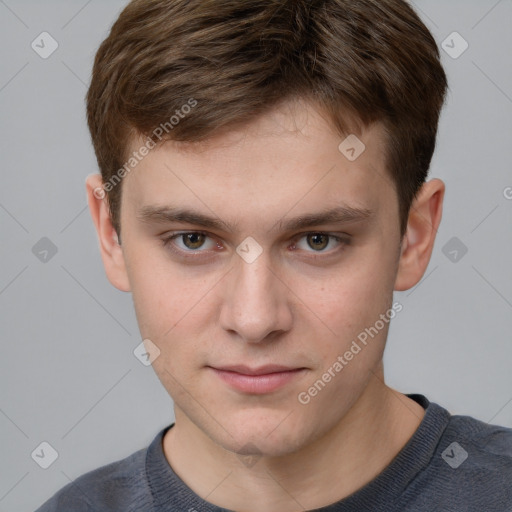 Neutral white young-adult male with short  brown hair and grey eyes