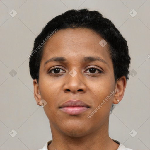 Neutral latino young-adult female with short  black hair and brown eyes