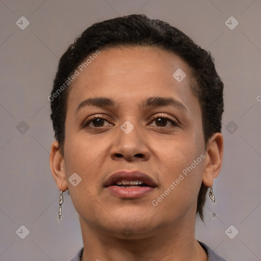 Joyful white young-adult female with short  brown hair and brown eyes