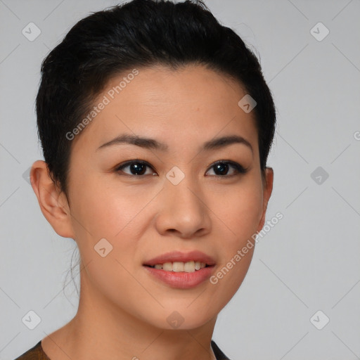 Joyful asian young-adult female with short  brown hair and brown eyes