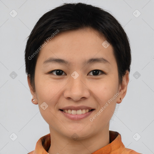 Joyful asian young-adult female with short  brown hair and brown eyes