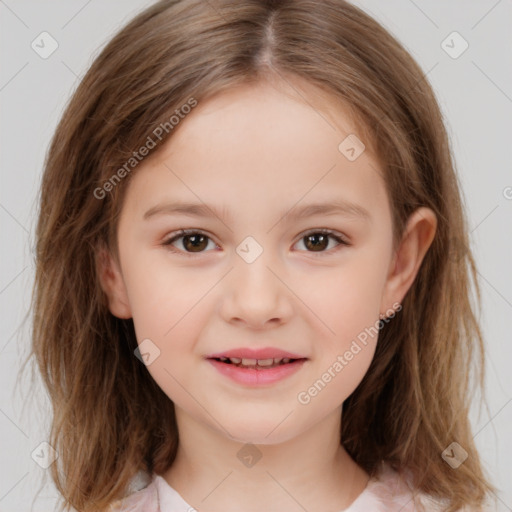 Joyful white child female with medium  brown hair and brown eyes