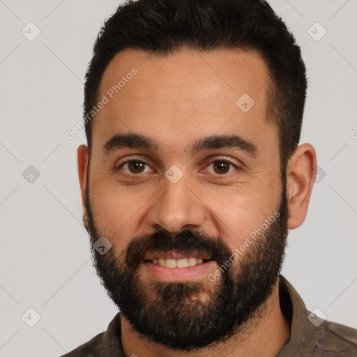 Neutral white young-adult male with short  black hair and brown eyes