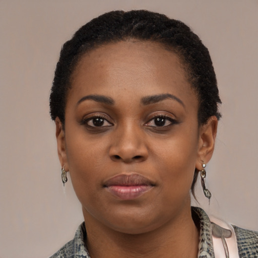 Neutral black young-adult female with short  black hair and brown eyes